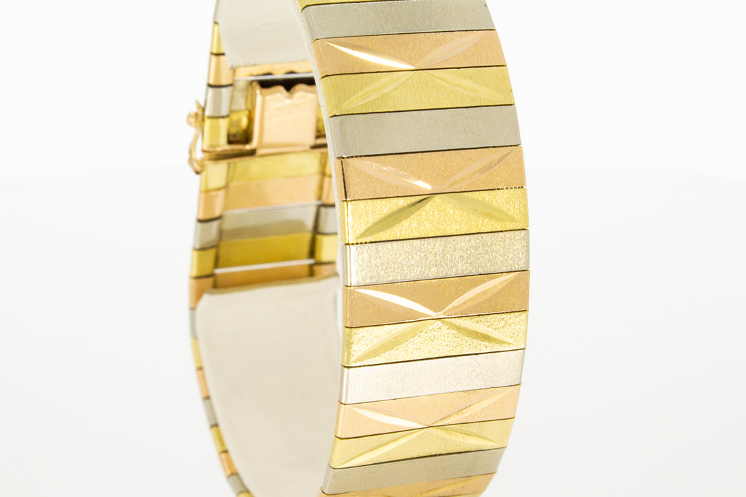 18 Karaat tricolor gouden brede plaatjes armband - 19,5 cm