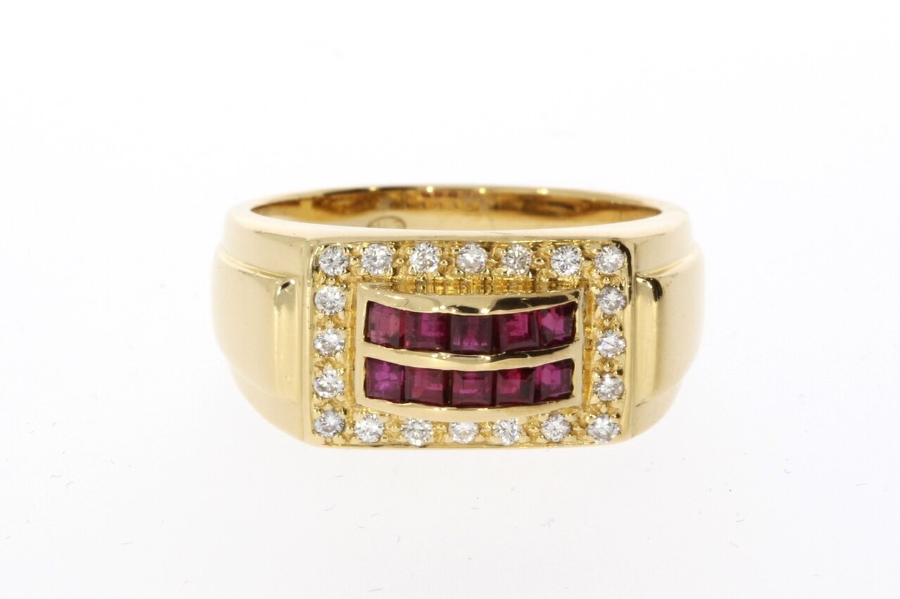18 Karaat gouden Robijnring met Diamant - 18 mm
