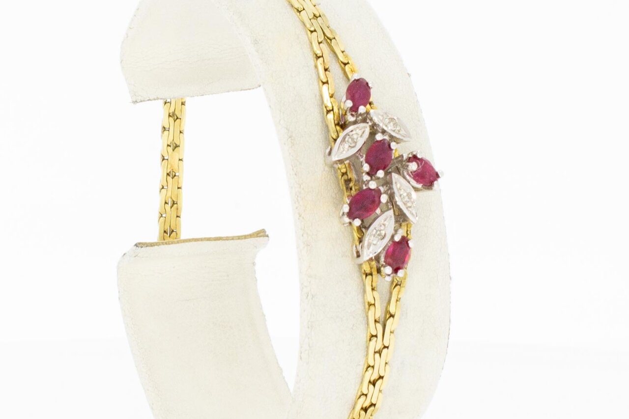 14 Karaat gouden dames armband met diamant en robijn-18,2 cm