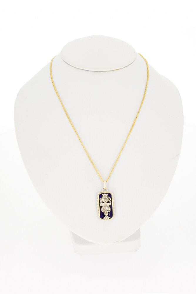 14 karaat gouden hanger met Diamant op blauwe Emaille
