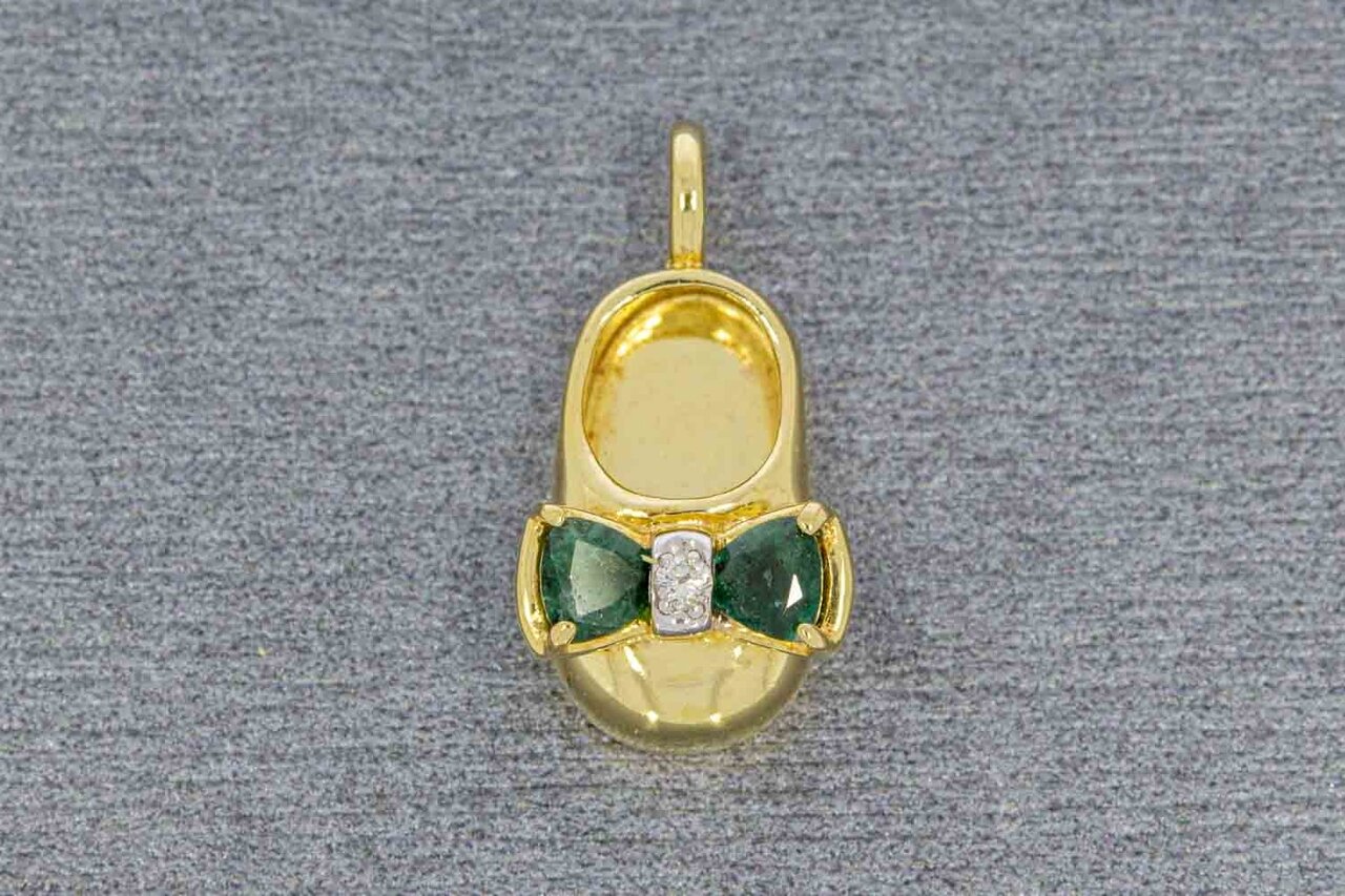 14 Karaat gouden hanger (schoen) met Diamant en Smaragd