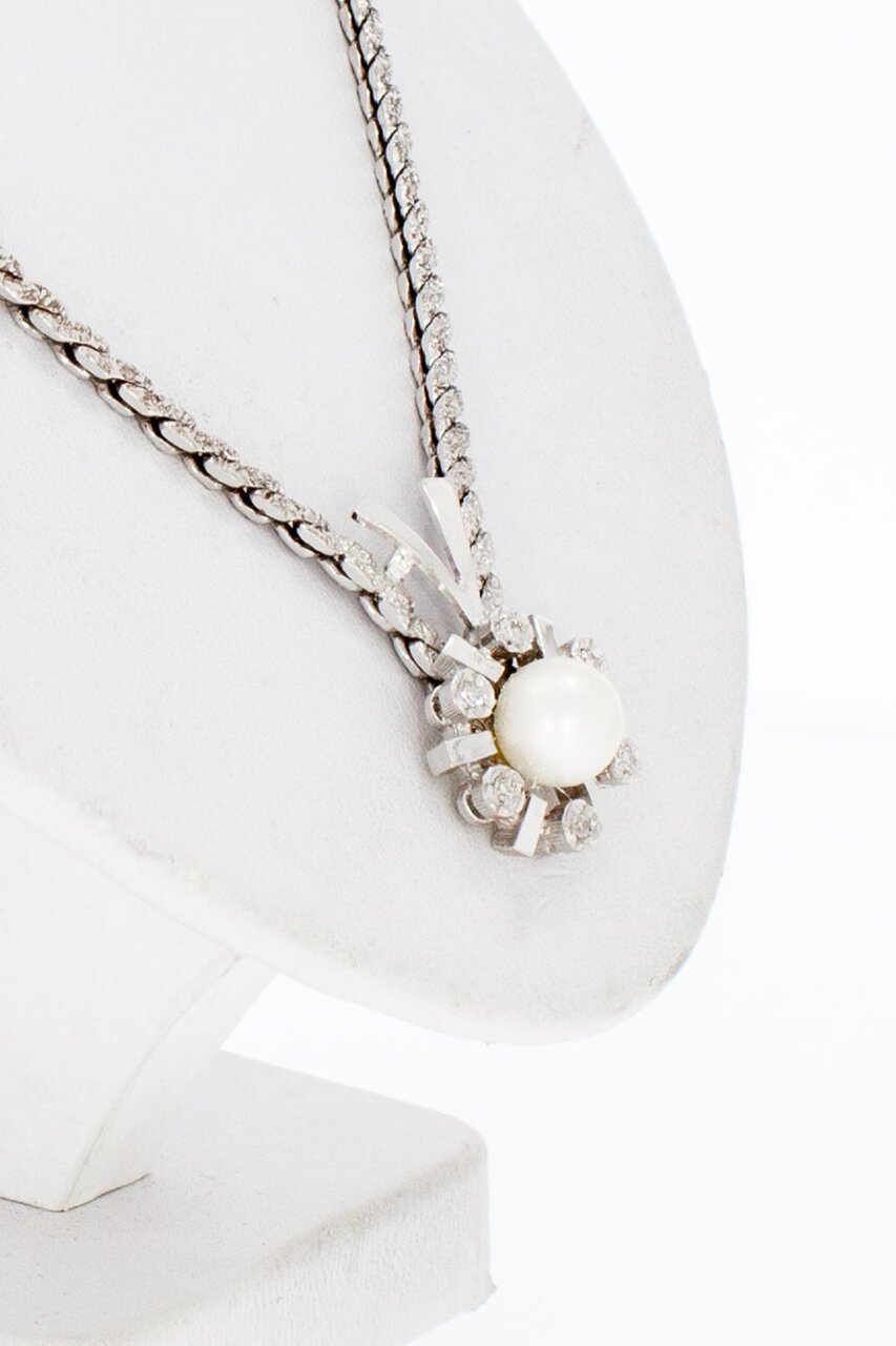 14 Karaat gouden Parelketting met Diamant - 45 cm