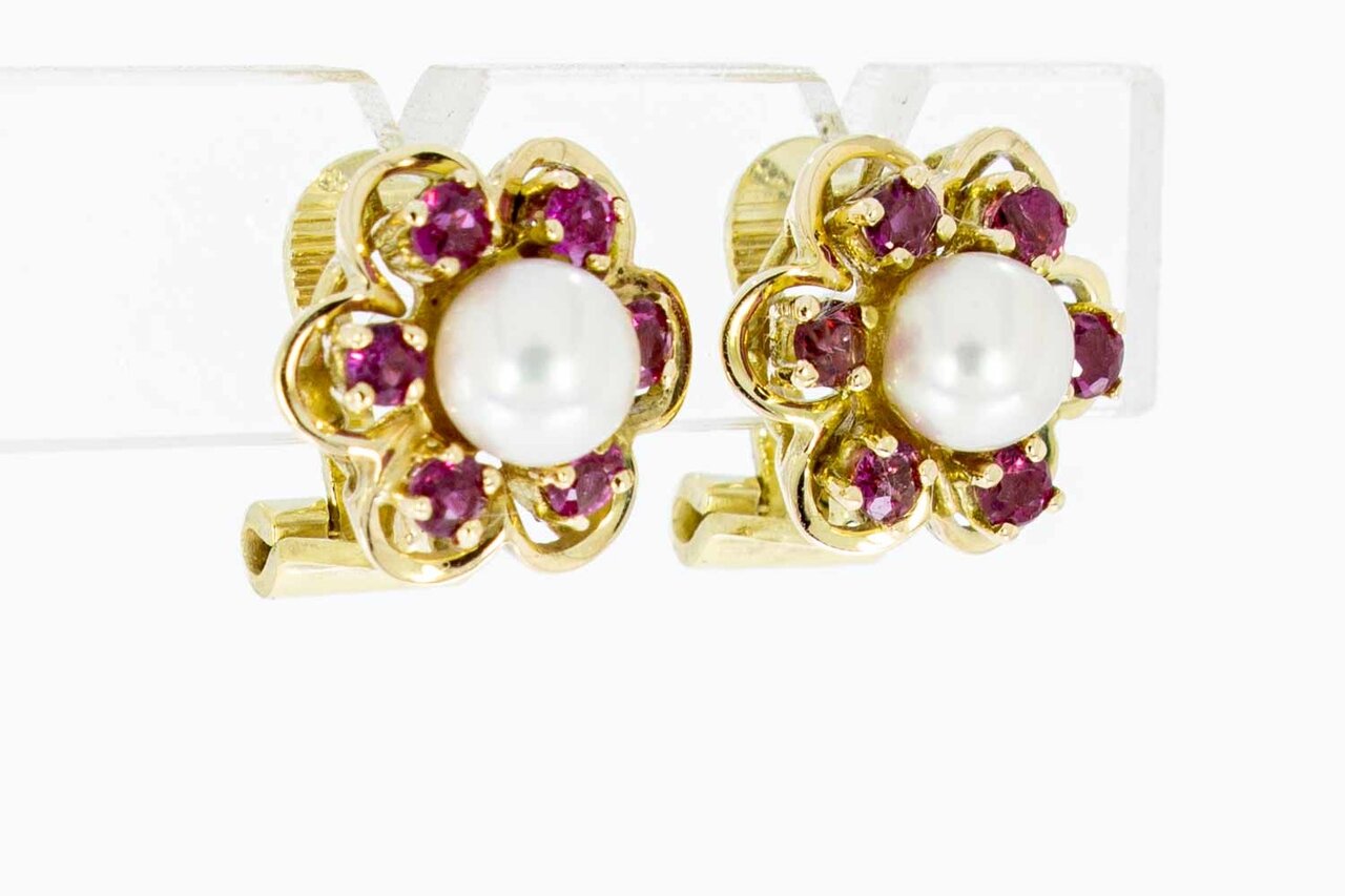 14 Karaat gouden parel oorclips met Robijn - 1,2 cm