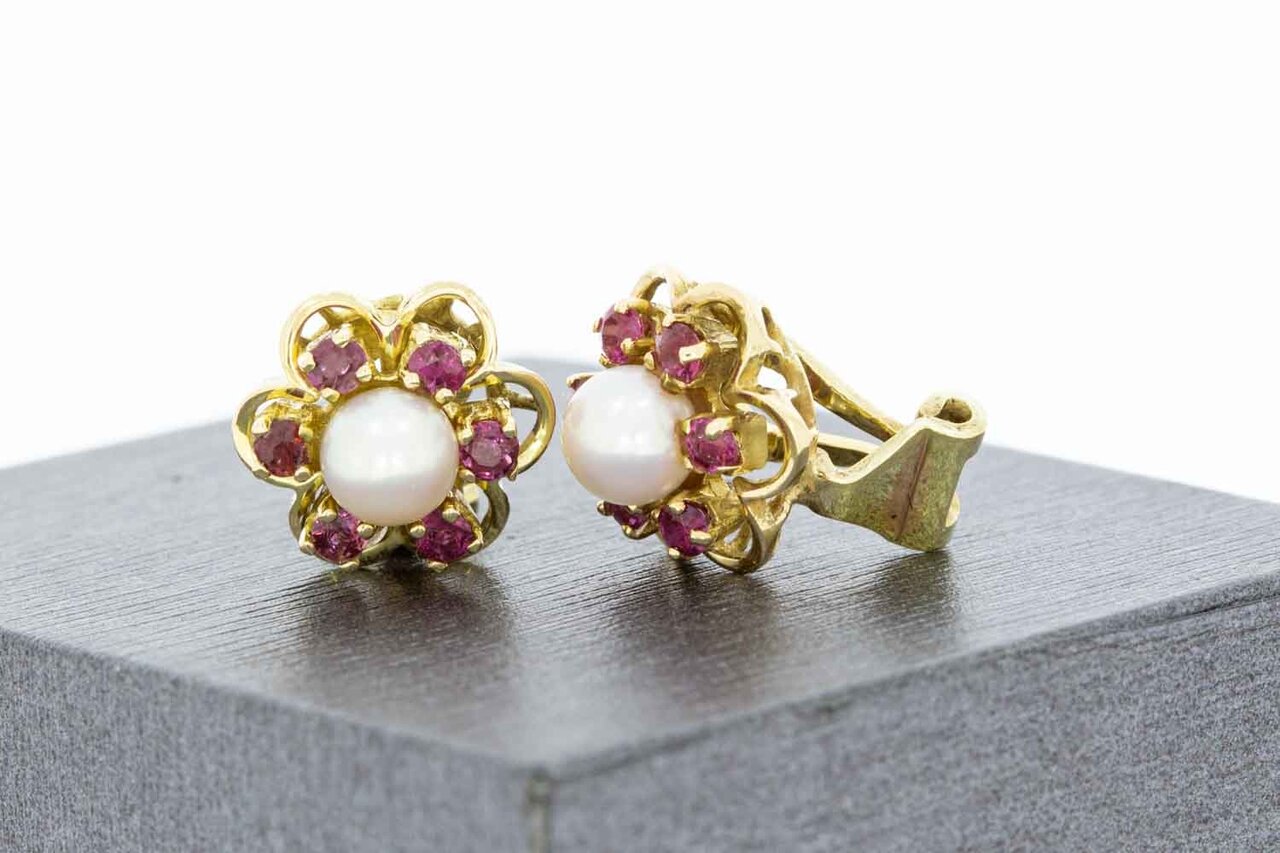 14 Karaat gouden parel oorclips met Robijn - 1,2 cm