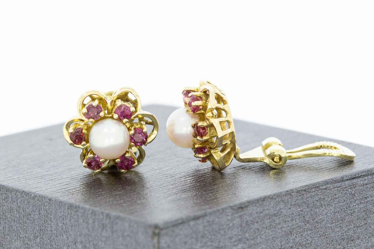 14 Karaat gouden parel oorclips met Robijn - 1,2 cm