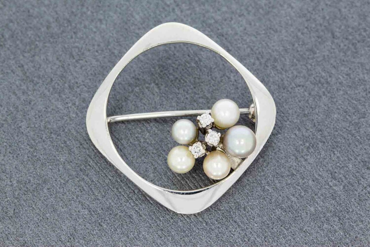 14 Karaat witgouden Broche gezet met Parels en Diamant