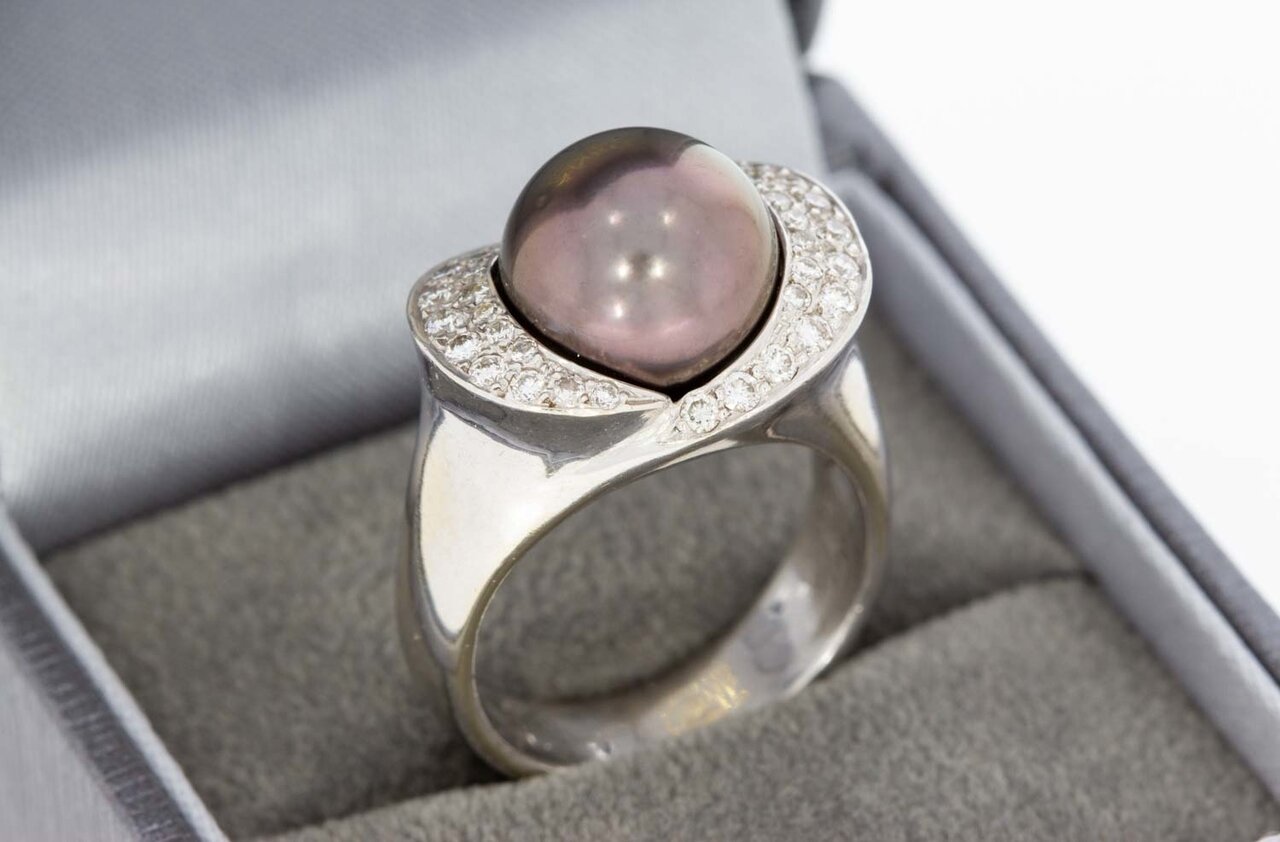 18 Karaat gouden Parel ring met Diamant - 17,1 mm