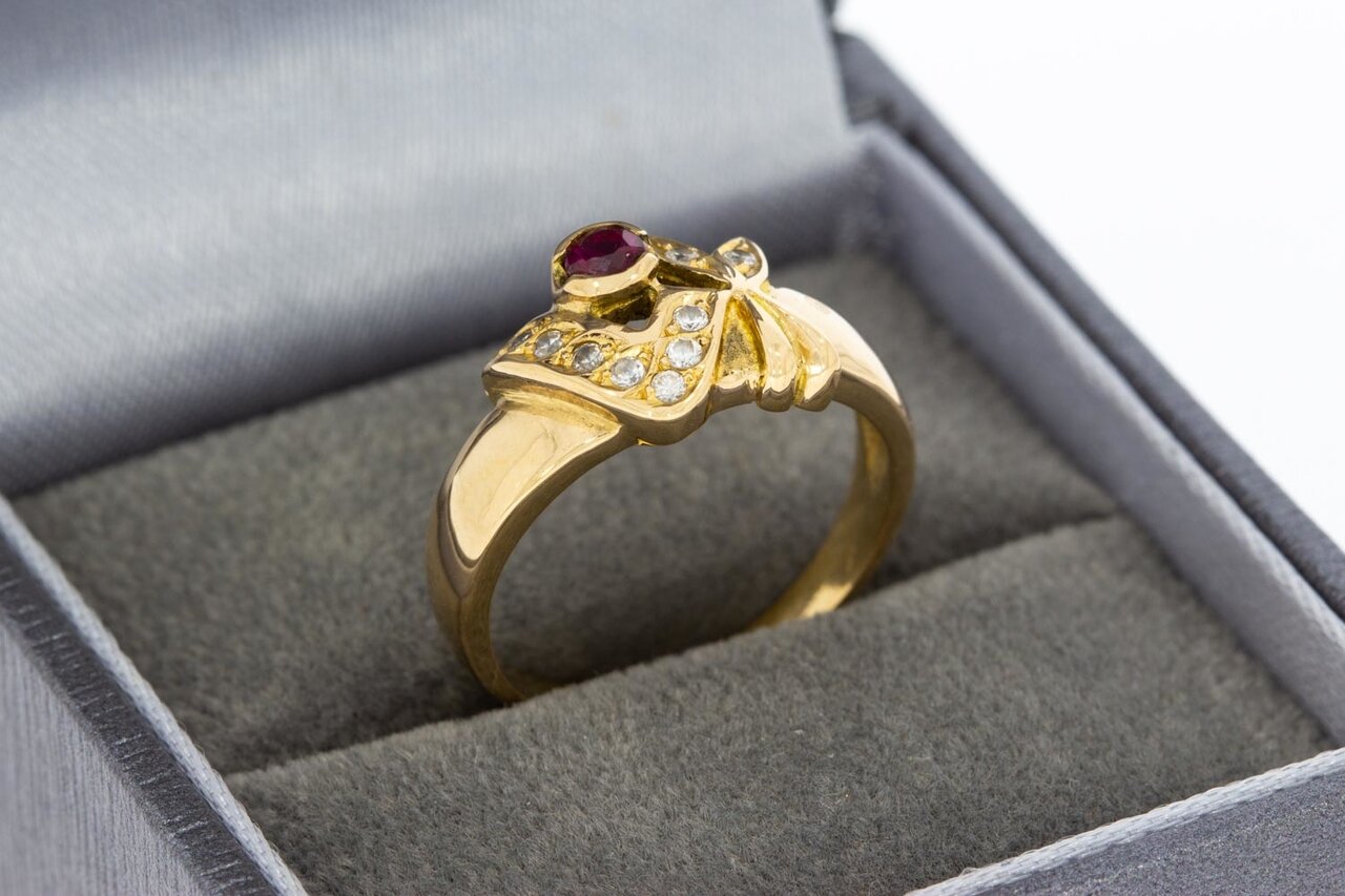 18 Karaat gouden ring met Robijn en Zirkonia - 16,5 mm