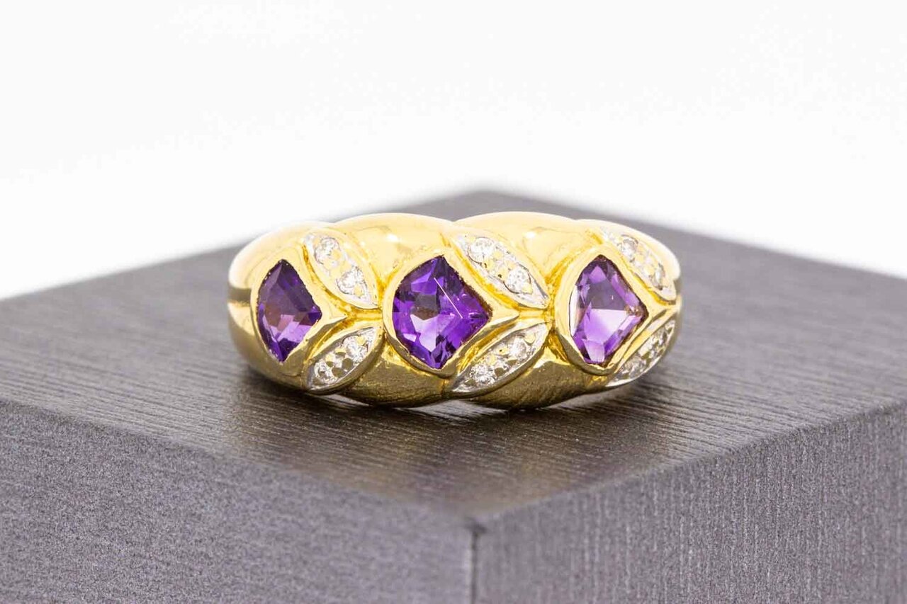 18 Karaat gouden Amethist ring met Diamant - 17,9 mm