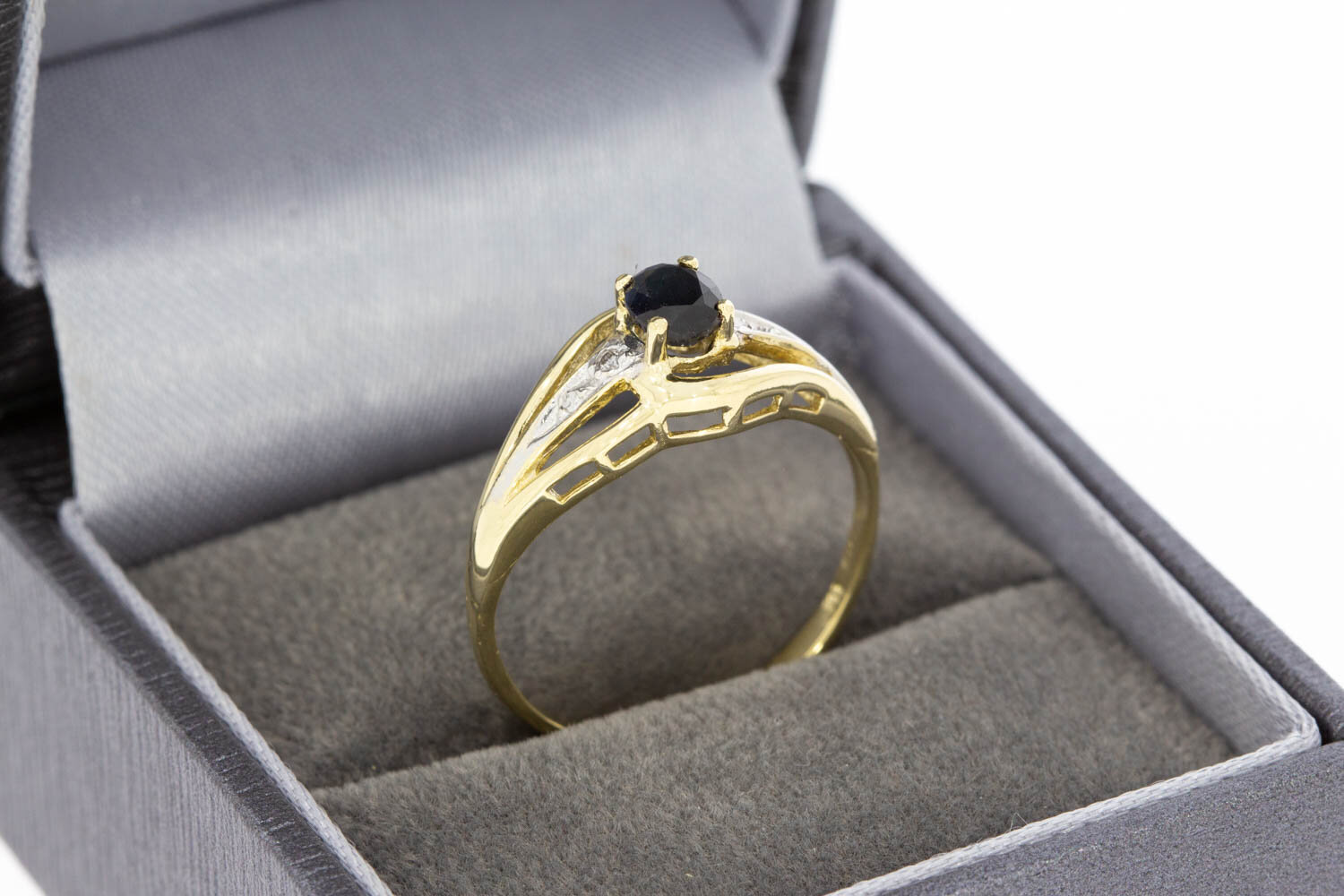 Saffier ring met Diamant 14 Karaat goud - 18,4 mm