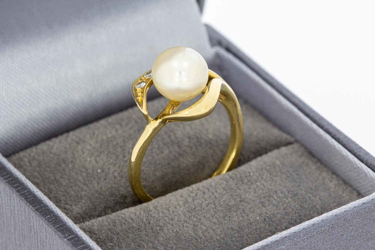 18 Karaat geelgouden Parel ring met Diamant - 16,5 mm