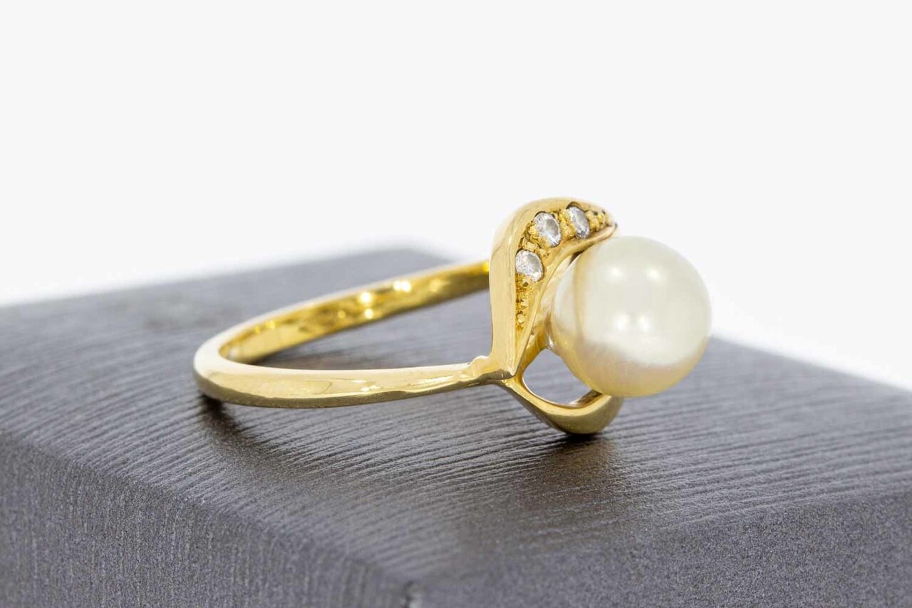 18 Karaat geelgouden Parel ring met Diamant - 16,5 mm