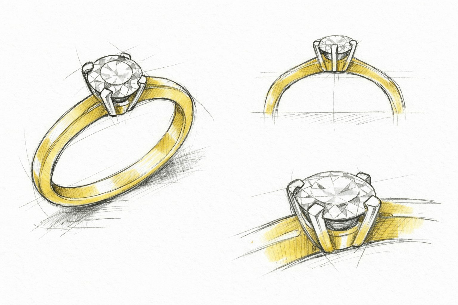 Ontwerpschets solitaire ring in goud