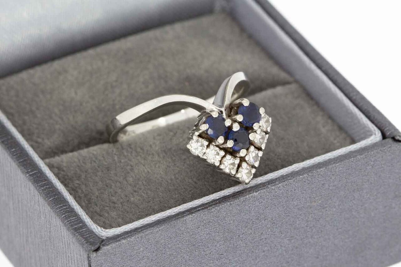 14K gouden diamant ring met Saffier - 17,5 mm