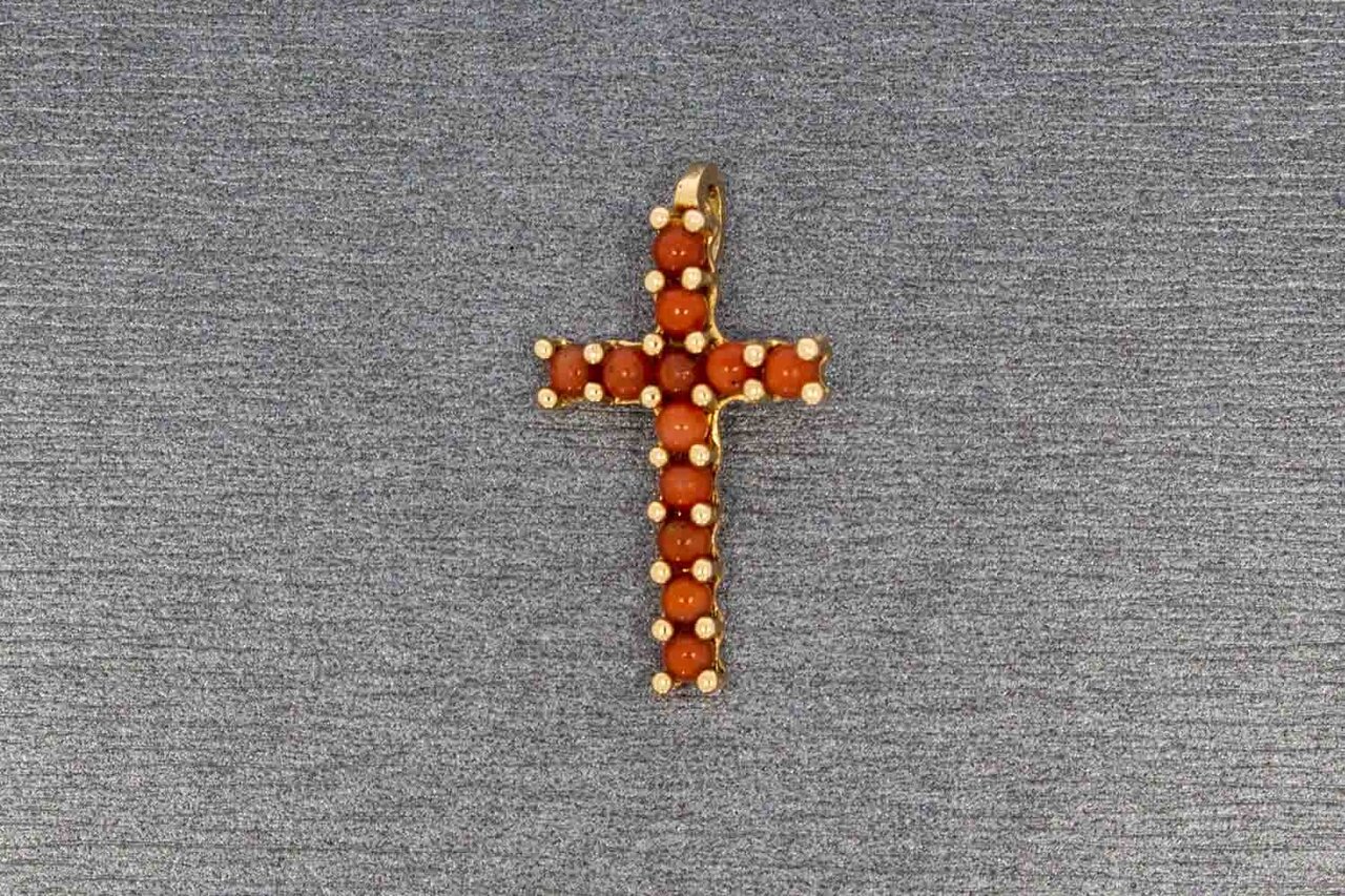 14 Karaat gouden Kruis bloedkoraal hanger
