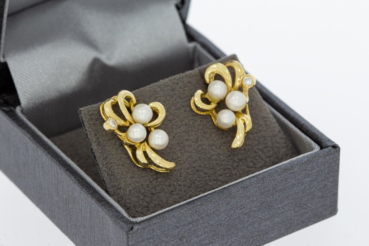 14 Karaat parel oorstekers met Diamant - 2,9 cm