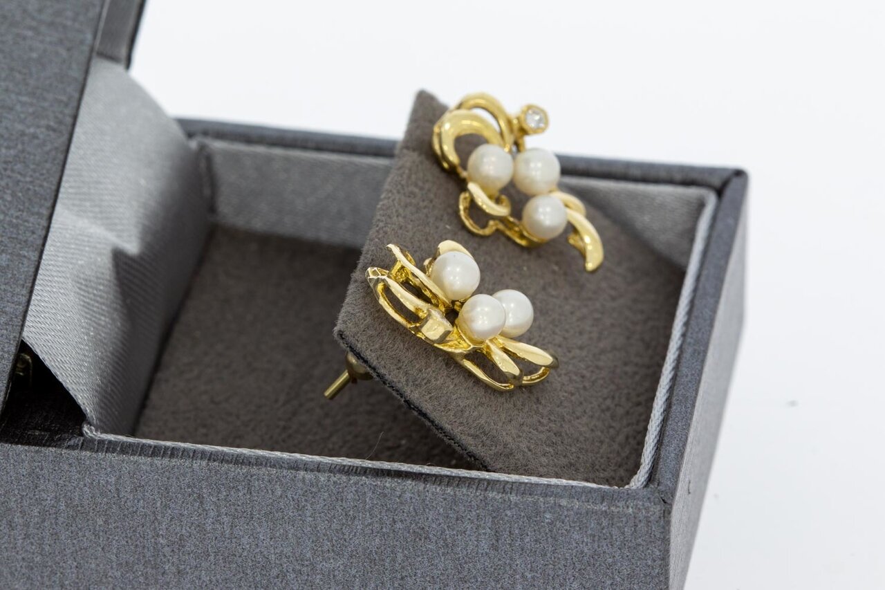 14 Karaat parel oorstekers met Diamant - 2,9 cm