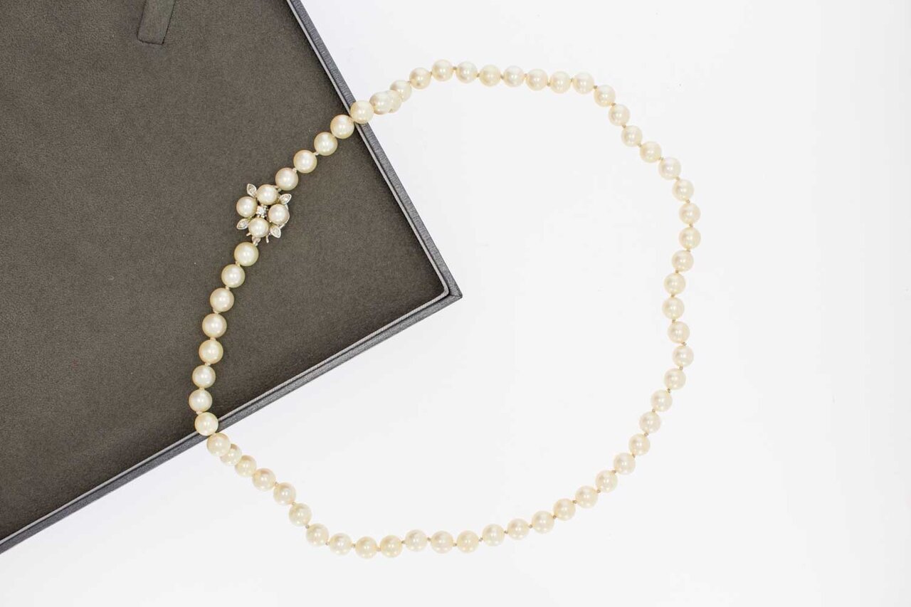 14 karaat Parel ketting met  diamant - 46,4 cm