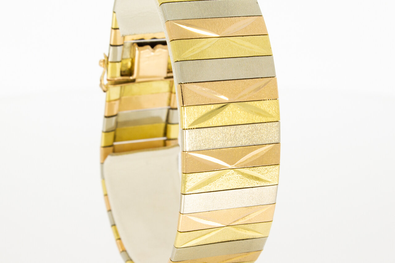 18 karaat brede tricolor gouden schakelarmband