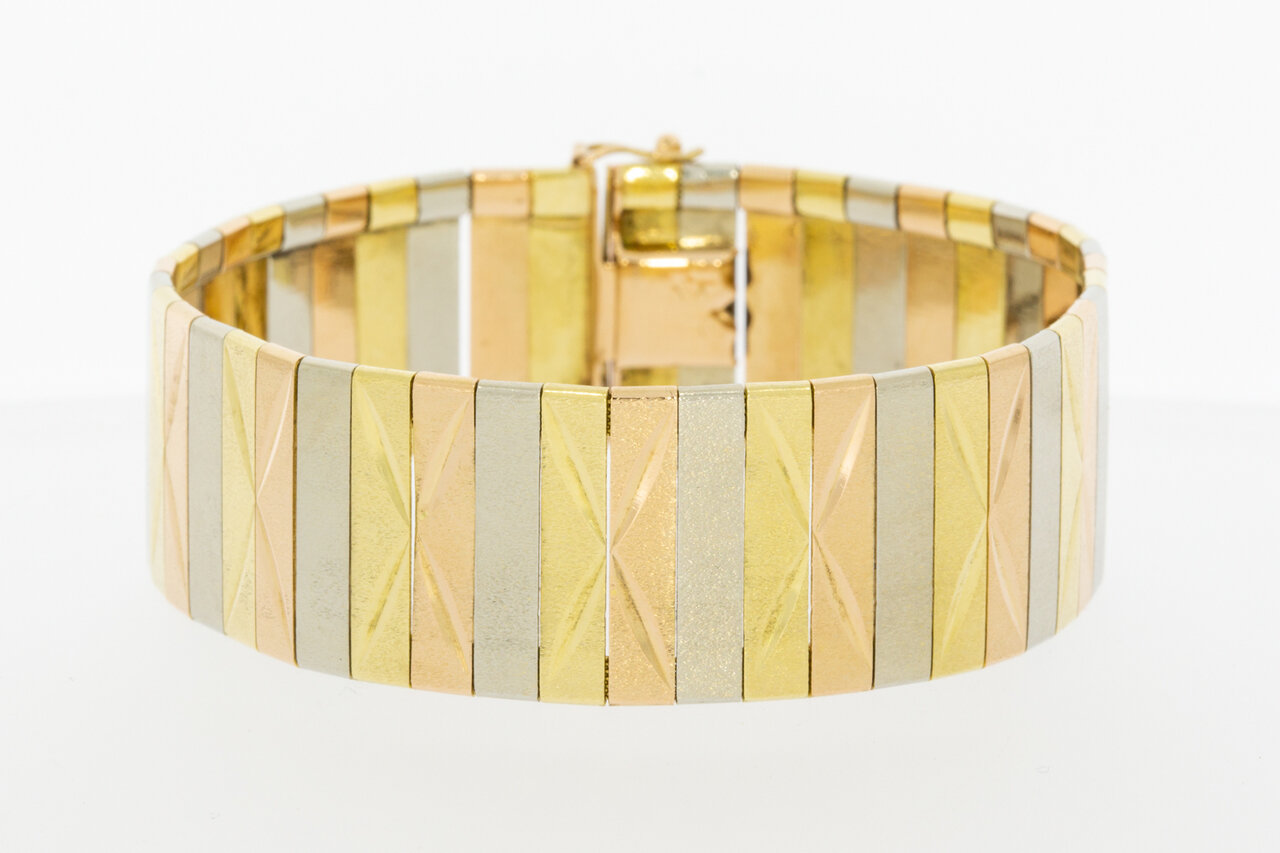 18 karaat brede tricolor gouden schakelarmband