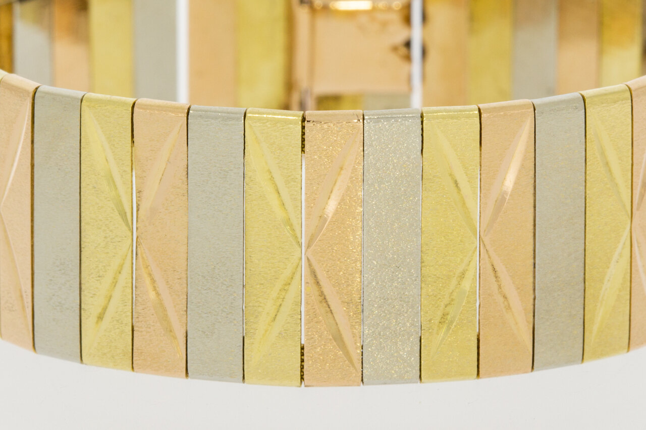 18 karaat brede tricolor gouden schakelarmband