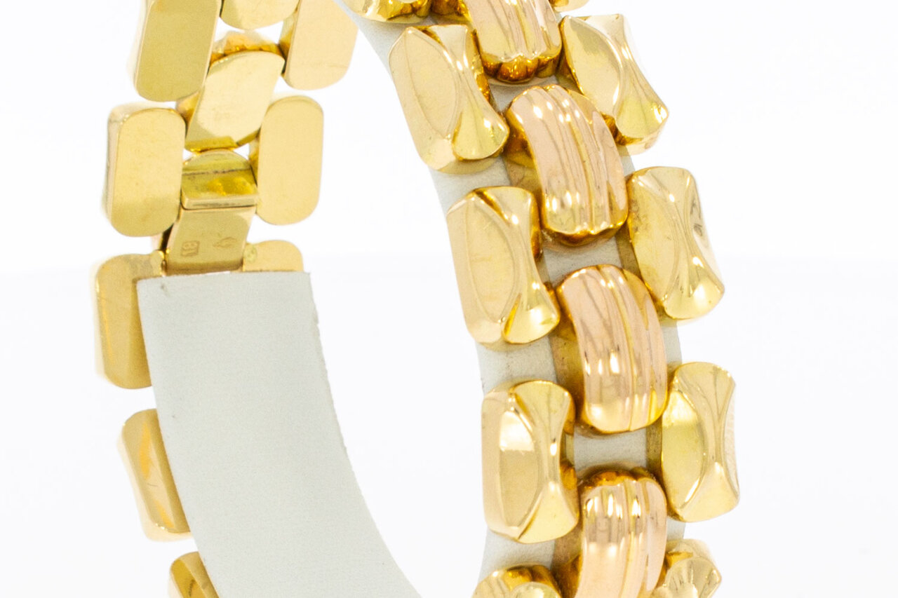 Vintage brede bicolor gouden schakelarmband 18 karaat - 19,2 cm