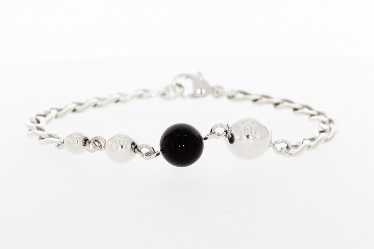 Zilveren gourmet armband dames (925) met onyx - 20 cm