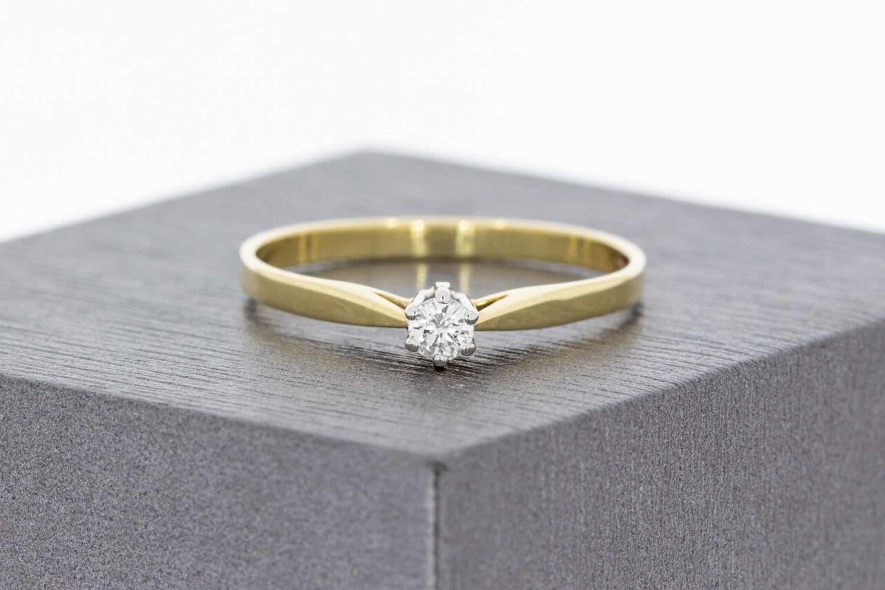 Gouden solitairring dames 14 karaat met diamant - 18,5 mm
