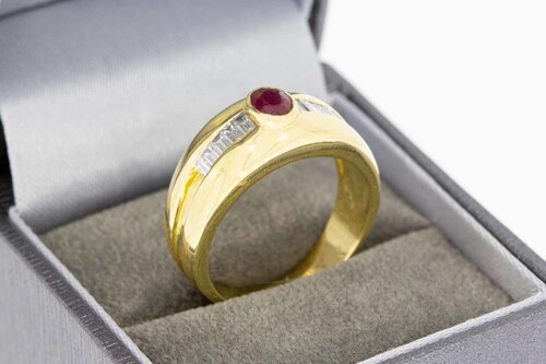 14 Karaat geel gouden ring met Robijn en Diamant - 19 mm