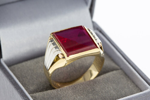 Bicolor gouden statementring heren 18 karaat met robijn - 20,3 mm
