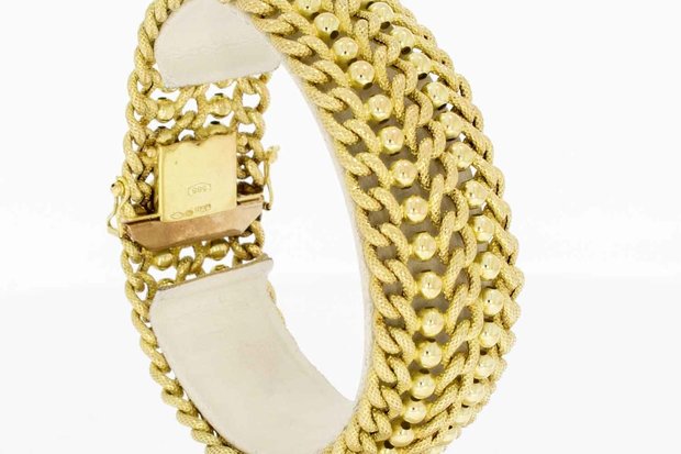 14 Karaat geel gouden brede gevlochten armband - 19,9 cm 