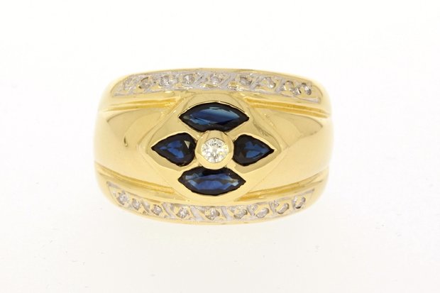 18 Karaat gouden Band Ring met Saffier & Diamant - 17,5 mm