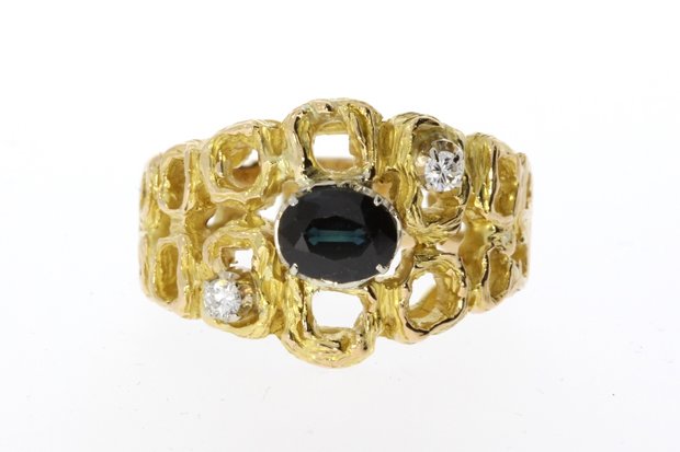 18 Karaat gouden Ring gezet met Saffier en Diamant
