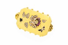 Gouden broche en hanger 14 karaat met robijn en parels
