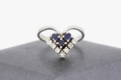 14K gouden diamant ring met Saffier - 17,5 mm