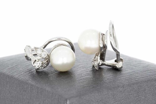 14 Karaat Parel Oorclips met Diamant - 1,3 cm