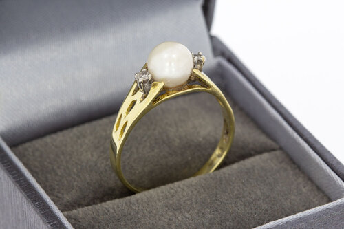 14 Karaat Parelring met Diamant - 18,7 mm
