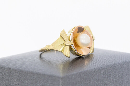 14 karaat gouden vintage solitaire parelring  17,3 mm