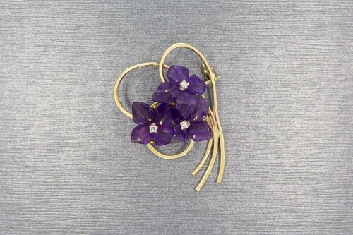 Vintage broche met bloemgeslepen amethyst - 3,8 cm